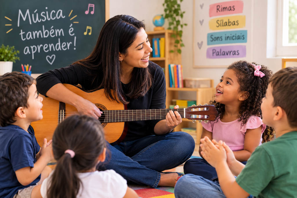 Professora tocando violão com os alunos para justamente ajudar no processo de alfabetização